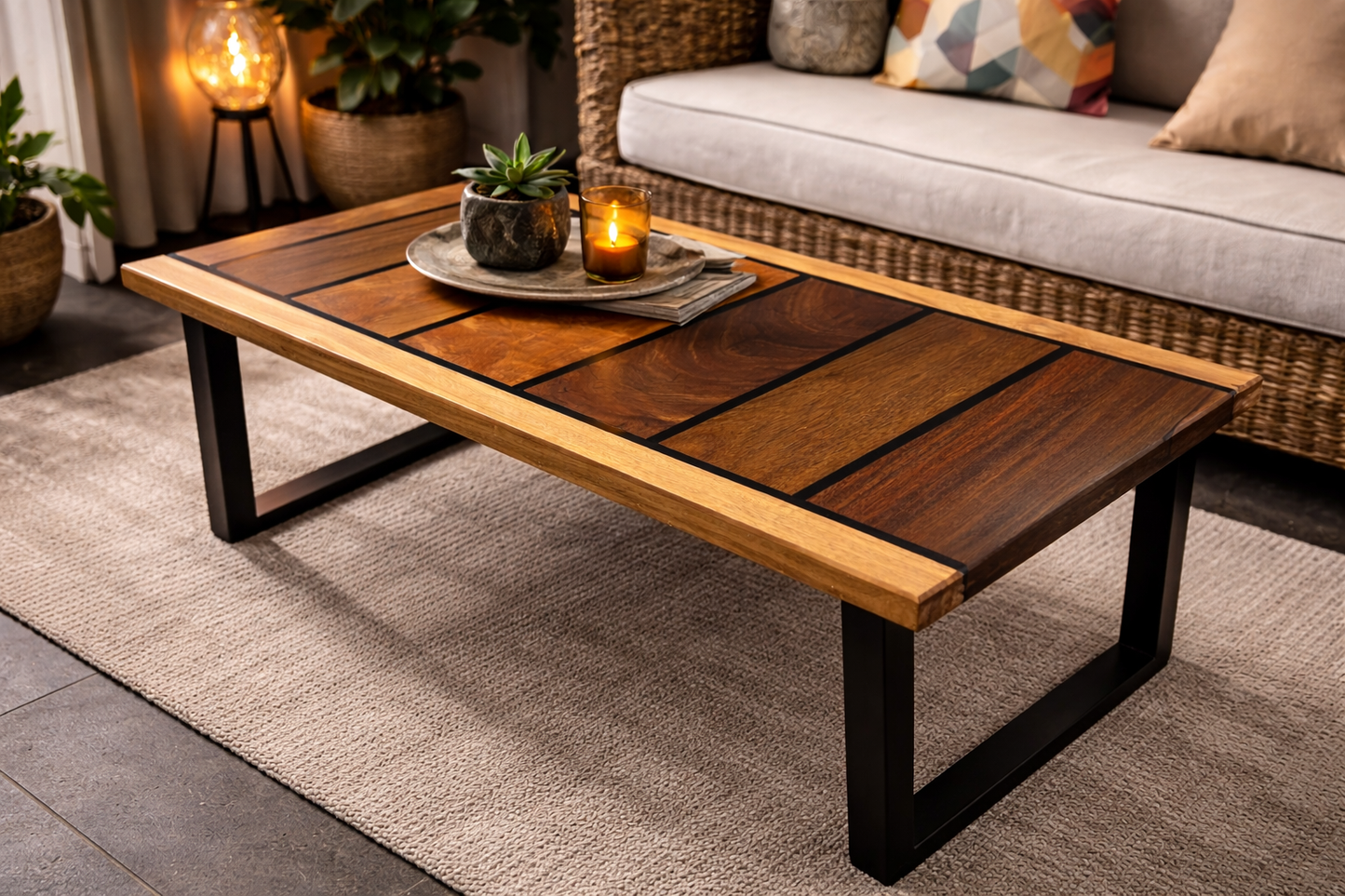 (Y26-C1-P1/1) Salontafel – divers massief hardhout met zwarte inleg (90x45x40)